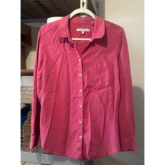 Foxcroft Pink Long Sleeve Button Down Collared Shirt Distressed Hem Women Sz 12 - Picture 1 of 7